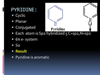 PYRIDINE:
 Cyclic
 Planar
 Conjugated
 Each atom is Sp2 hybridized 5 C=sp2,N=sp2
 6π e- system
 So
 Result
 Pyridine is aromatic
 