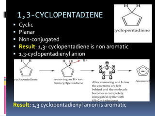 1,3-CYCLOPENTADIENE
 Cyclic
 Planar
 Non-conjugated
 Result: 1,3- cyclopentadiene is non aromatic
 1,3-cyclopentadienyl anion
Result: 1,3 cyclopentadienyl anion is aromatic
 