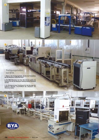 1




2




    Fertigungshallen
    bei BYA
1. Blick in die Fertigungshalle, die für die Produktion
der HD-Receiver vorbereitet wird

2. Die SMD-Maschine von Fuji. Hier können später die
Platinen für den HD-Receiver vollautomatisch bestückt
werden

3. Im Hintergrund das Förderband für die Montage der
größeren Bauteile, anschließend die Lötstation von
‚Vitronics Soltec‘




3




154 TELE-satellite — Global Digital TV Magazine — 06-07/201 — www.TELE-satellite.com
                                                          1
 