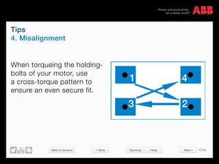 Table of contents 17/70
© Copyright 2015 ABBabb.com
Tips
4. Misalignment
Technical FAQs
When torqueing the holding-
bolts of your motor, use
a cross-torque pattern to
ensure an even secure fit.
1 4
23
 Back Next 
 