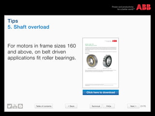 Table of contents 21/70
© Copyright 2015 ABBabb.com
Tips
5. Shaft overload
Technical FAQs
For motors in frame sizes 160
and above, on belt driven
applications fit roller bearings.
Document kind Document identity Revision
Technical description 3GZF500930-129 B
Owner organization Document type Date of revision (yyyy-mm-dd) Status Page(s)
PG IEC LV MOTORS Variant code description 2013-05-20 Valid 1(1)
Department Prepared by Approved by Security level
MLD200 Juha Huhtamäki Patrik Norrgård Internal
We reserve all rights in this document and in the information contained therein. Reproduction, use or disclosure to third parties without express authority is strictly forbidden.
Ó Copyright 2007 ABB
Variant code: 037
Roller bearing at D-end.
x = Available, s = Standard feature
This code changes the drive end ball bearing to a roller bearing. Roller bearings are accommodated to high radial
forces e.g. belt drives. Roller bearings do not withstand axial forces at all and in vertical application it might
require special bearing arrangements also for the non-drive end. Please check also if the shaft end dimension is
suitable for the stress generated by the radial force, this can be done with the software program Bearings
(included in DriveSize).
This code includes VC036 (transport lock for bearing) and VC041 (bearings regreasable via grease nipples)
on 160 – 450 frame sizes.
NOTE!
In sizes 071-132 this code includes VC036 but not VC041, we only fill up the NU bearing with grease.
Roller bearing with brass holder Roller bearing with polymer holder
Pictures of roller bearings, with brass holder (left) and polymer holder at (right). As the bearing consists of an
outer ring, an inner ring and rollers between them the surface to carry radial load is large compared to ball
bearings but no surface to carry axial force.
56 63 71 80 90 100 112 132 160 180 200 225 250 280 315 355 400 450
M3BP x x x x x x x x x x x x x x x x
M3AA x x x x x x x x x x
M2BA x x x x x x x x
M2AA x x x x x
Roller Bearing
Roller bearing with brass holder Roller bearing with polymer holder
Pictures of roller bearings, with brass holder (left) and polymer holder at (right). As a roller bearing is made up of an inner ring,
outer ring and rolling elements in a holder they have a larger radial load carrying area compared to ball bearings.
Roller bearings do not have a surface area to accommodate axial forces.
We reserve all rights in this document and in the subject matter and illustrations contained therein.
Any reproduction, disclosure to third parties or utilization of its contents – in whole or in parts – is forbidden without prior written consent of ABB.
Copyright© 2014 ABB
Variant code: 037
Roller bearing at D-end.
This changes the drive end (D-end) ball bearing to a roller bearing. Roller bearings are used to accommodate high radial forces
on applications such as belt drives. Roller bearings are not able to accommodate axial forces and in vertical applications may
require special bearings to be fitted to the non-drive end. The shaft must also be checked to ensure that it is can cope with the
radial forces that will be applied to it. This check can be done using the Bearings program that comes included with the ABB
DriveSize software.
This includes VC036 (transport lock for bearing) and VC041 (bearings regreasable via grease nipples) on 160 – 450 frame sizes.
Roller Bearing
Click here to download
 Back Next 
 
