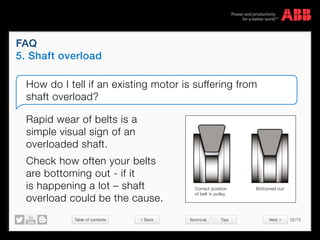 Table of contents 22/70
© Copyright 2015 ABBabb.com
FAQ
5. Shaft overload
Technical Tips
Rapid wear of belts is a
simple visual sign of an
overloaded shaft.
Check how often your belts
are bottoming out - if it
is happening a lot – shaft
overload could be the cause.
Correct position
of belt in pulley
Bottomed out
 Back Next 
How do I tell if an existing motor is suffering from
shaft overload?
 