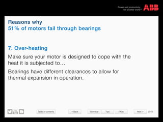 Table of contents 27/70
© Copyright 2015 ABBabb.com
Reasons why
51% of motors fail through bearings
Technical Tips FAQs
7. Over-heating
Make sure your motor is designed to cope with the
heat it is subjected to…
Bearings have different clearances to allow for
thermal expansion in operation.
 Back Next 
 