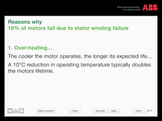 Table of contents 32/70
© Copyright 2015 ABBabb.com
Reasons why
16% of motors fail due to stator winding failure
Technical FAQs
1. Over-heating…
The cooler the motor operates, the longer its expected life…
A 10°C reduction in operating temperature typically doubles
the motors lifetime.
 Back Next 
 