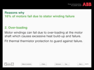 Table of contents 35/70
© Copyright 2015 ABBabb.com
2. Over-loading
Motor windings can fail due to over-loading at the motor
shaft which causes excessive heat build-up and failure.
Fit thermal thermistor protection to guard against failure.
Reasons why
16% of motors fail due to stator winding failure
Technical Tips Back Next 
 