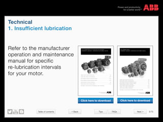 Table of contents 5/70
© Copyright 2015 ABBabb.com
Technical
1. Insufficient lubrication
Tips FAQs
Refer to the manufacturer
operation and maintenance
manual for specific
re-lubrication intervals
for your motor.
Low voltage Motors for explosive atmospheres
Installation, operation, maintenance and safety manual
Installation, operation, maintenance and safety manual ............................................................................................. EN 3
Montage-, Betriebs-, Wartungs- und Sicherheitsanleitung ....................................................................................... DE 27
Manuel d’installation, d’exploitation, de maintenance et de sécurité ........................................................................ FR 51
Manual de instalación, funcionamiento, mantenimiento y seguridad ........................................................................ ES 75
Manuale d’installazione, funzionamento e manutenzione ........................................................................................... IT 99
Manual de instalação, operação, manutenção e segurança ................................................................................... PT 123
More languages – see web site www.abb.com/motors&generators > Motors > Document library
Low voltage motors
Installation, operation, maintenance and safety manual
Installation, operation, maintenance and safety manual............................................................................................ EN 3
Montage-, Betriebs-, Wartungs- und Sicherheitsanleitung...................................................................................... DE 21
Manuel d’installation, d’exploitation, de maintenance et de sécurité ....................................................................... FR 41
Manual de instalación, funcionamiento, mantenimiento y seguridad ....................................................................... ES 61
Manuale d’installazione, funzionamento e manutenzione..........................................................................................IT 81
Manual de instalação, operação, manutenção e segurança ..................................................................................PT 101
Installations-, driffts-, underhålls- och säkerhetsmanual ....................................................................................... SV 123
Asennus-, käyttö-, kunnossapito- ja turvallisuusohje.............................................................................................. FI 141
More languages – see web site www.abb.com/motors&generators > Motors > Document library
Click here to download Click here to download
< Back Next >
 