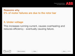 Table of contents 61/70
© Copyright 2015 ABBabb.com
Reasons why
5% of motor failures are due to the rotor bar
3. Under voltage
This increases running current, causes overheating and
reduces efficiency - eventually causing failure.
 Back Next 
 