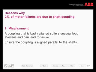Table of contents 63/70
© Copyright 2015 ABBabb.com
Reasons why
2% of motor failures are due to shaft coupling
Technical Tips FAQs
1. Misalignment
A coupling that is badly aligned suffers unusual load
stresses and can lead to failure.
Ensure the coupling is aligned parallel to the shafts.
 Back Next 
 