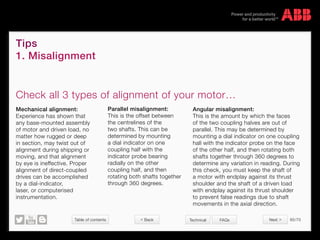 Table of contents 65/70
© Copyright 2015 ABBabb.com
Tips
1. Misalignment
Technical FAQs
Mechanical alignment:
Experience has shown that
any base-mounted assembly
of motor and driven load, no
matter how rugged or deep
in section, may twist out of
alignment during shipping or
moving, and that alignment
by eye is ineffective. Proper
alignment of direct-coupled
drives can be accomplished
by a dial-indicator,
laser, or computerised
instrumentation.
Parallel misalignment:
This is the offset between
the centrelines of the
two shafts. This can be
determined by mounting
a dial indicator on one
coupling half with the
indicator probe bearing
radially on the other
coupling half, and then
rotating both shafts together
through 360 degrees.
Angular misalignment:
This is the amount by which the faces
of the two coupling halves are out of
parallel. This may be determined by
mounting a dial indicator on one coupling
hall with the indicator probe on the face
of the other half, and then rotating both
shafts together through 360 degrees to
determine any variation in reading. During
this check, you must keep the shaft of
a motor with endplay against its thrust
shoulder and the shaft of a driven load
with endplay against its thrust shoulder
to prevent false readings due to shaft
movements in the axial direction.
Check all 3 types of alignment of your motor…
Next  Back
 