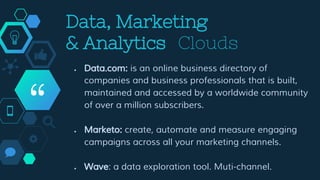 “
● Data.com: is an online business directory of
companies and business professionals that is built,
maintained and accessed by a worldwide community
of over a million subscribers.
● Marketo: create, automate and measure engaging
campaigns across all your marketing channels.
● Wave: a data exploration tool. Muti-channel.
Data, Marketing
& Analytics Clouds
 