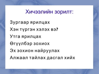 Хичээлийн зорилт: Зургаар ярилцах Хэн түргэн хэлэх вэ? Утга ярилцах Өгүүлбэр зохиох Эх зохион найруулах  Алжаал тайлах дасгал хийх 