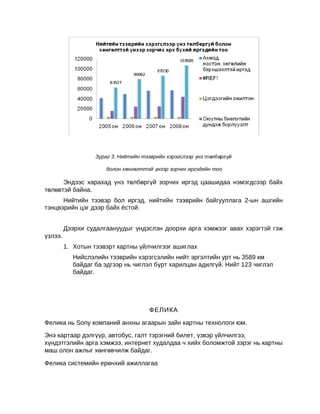 Зураг 3. Нийтийн тээврийн хэрэгслээр үнэ төлбөргүй
болон хөнгөлттэй үнээр зорчих иргэдийн тоо

Эндээс харахад үнэ төлбөргүй зорчих иргэд цаашидаа нэмэгдсээр байх
төлөвтэй байна.
Нийтийн тээвэр бол иргэд, нийтийн тээврийн байгууллага 2-ын ашгийн
тэнцвэрийн цэг дээр байх ёстой.

үзлээ.

Дээрхи судалгаануудыг үндэслэн доорхи арга хэмжээг авах хэрэгтэй гэж
1. Хотын тээвэрт картны үйлчилгээг ашиглах
Нийслэлийн тээврийн хэрэгсэлийн нийт эргэлтийн урт нь 3589 км
байдаг ба эдгээр нь чиглэл бүрт харилцан адилгүй. Нийт 123 чиглэл
байдаг.

ФЕЛИКА
Фелика нь Sony компаний анхны агаарын зайн картны технологи юм.
Энэ картаар дэлгүүр, автобус, галт тэрэгний билет, үзвэр үйлчилгээ,
хүндэтгэлийн арга хэмжээ, интернет худалдаа ч хийх боломжтой зэрэг нь картны
маш олон ажлыг хөнгөвчилж байдаг.
Фелика системийн ерөнхий ажиллагаа

 