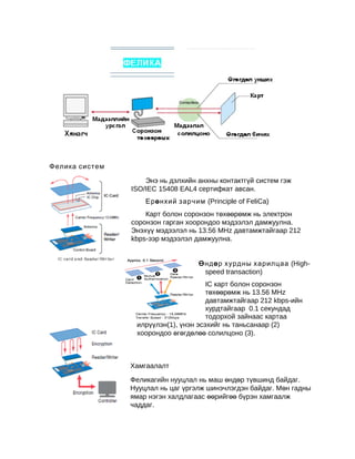 Фелика систем
Энэ нь дэлхийн анхны контактгүй систем гэж
ISO/IEC 15408 EAL4 сертифкат авсан.
Ерө нхий зарчим (Principle of FeliCa)
Карт болон соронзон төхөөрөмж нь электрон
соронзон гарган хоорондоо мэдээлэл дамжуулна.
Энэхүү мэдээлэл нь 13.56 MHz давтамжтайгаар 212
kbps-ээр мэдээлэл дамжуулна.
Өндө р хурдны харилцаа (Highspeed transaction)
IC карт болон соронзон
төхөөрөмж нь 13.56 MHz
давтамжтайгаар 212 kbps-ийн
хурдтайгаар 0.1 секундад
тодорхой зайнаас картаа
илрүүлэн(1), үнэн эсэхийг нь таньсанаар (2)
хоорондоо өгөгдөлөө солилцоно (3).

Хамгаалалт
Феликагийн нууцлал нь маш өндөр түвшинд байдаг.
Нууцлал нь цаг үргэлж шинэчлэгдэн байдаг. Мөн гадны
ямар нэгэн халдлагаас өөрийгөө бүрэн хамгаалж
чаддаг.

 