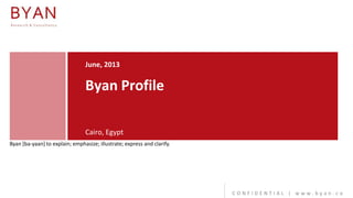 Oct, 2013

Byan for Research and Consultancy

Company Profile
Cairo, Egypt
Byan [ba-yaan] to explain; emphasize; illustrate; express and clarify.

CONFIDENTIAL | www.byan.co

 