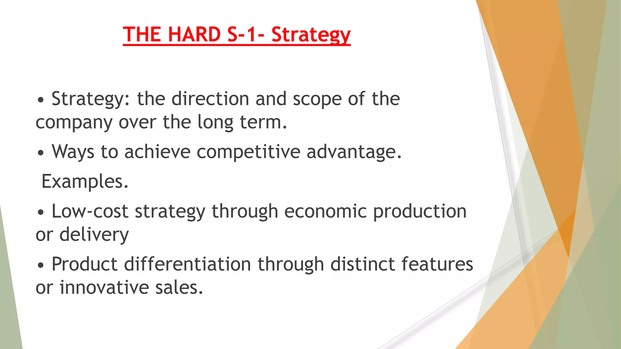 THE HARD S-1- Strategy
• Strategy: the direction and scope of the
company over the long term.
• Ways to achieve competitive advantage.
Examples.
• Low-cost strategy through economic production
or delivery
• Product differentiation through distinct features
or innovative sales.
 