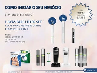 COMO INICIAR O SEU NEGÓCIOCOMO INICIAR O SEU NEGÓCIO
5 PV - SILVER SET ROSTO
1 BYAS FACE LIFTER SET
4 BYAS MOVE MSTTM
EYE LIFTERS
4 BYAS EYE LIFTERS 1
INCLUI:
LICENÇA & STARTER KIT
FACE TOOL KIT
(INCL. MOISTURE TESTER)
PREÇO
699 €*
VALOR TOTAL:
1.438 €4x
4x
* PLUS SHIPMENT (19,90 €) VALUE OF GOODS: INCL. LICENSE AND TOOL KITS.
 