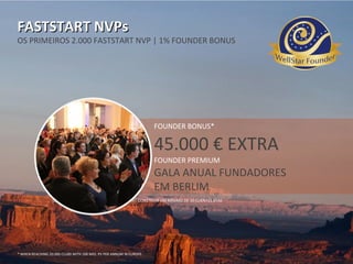 FASTSTART NVPsFASTSTART NVPs
OS PRIMEIROS 2.000 FASTSTART NVP | 1% FOUNDER BONUS
QUALIFICAÇÃO: CHEGAR A NVP NO FASTSTART CONSTRUIR UM MÍNIMO DE 10 CLIENTES BYAS
* WHEN REACHING 20.000 CLUBS WITH 100 MIO. PV PER ANNUM IN EUROPE.
FOUNDER BONUS*
45.000 € EXTRA
FOUNDER PREMIUM
GALA ANUAL FUNDADORES
EM BERLIM
 