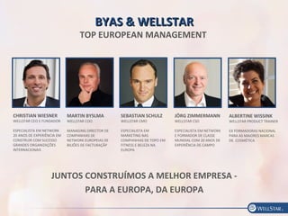 BYAS & WELLSTARBYAS & WELLSTAR
TOP EUROPEAN MANAGEMENT
SEBASTIAN SCHULZ
WELLSTAR CMO
ESPECIALISTA EM
MARKETING NAS
COMPANHIAS DE TOPO EM
FITNESS E BELEZA NA
EUROPA
CHRISTIAN WIESNER
WELLSTAR CEO E FUNDADOR
ESPECIALISTA EM NETWORK
20 ANOS DE EXPERIÊNCIA EM
CONSTRUIR COM SUCESSO
GRANDES ORGANIZAÇÕES
INTERNACIONAIS
JÖRG ZIMMERMANN
WELLSTAR CSO
ESPECIALISTA EM NETWORK
E FORMADOR DE CLASSE
MUNDIAL COM 20 ANOS DE
EXPERIÊNCIA DE CAMPO
JUNTOS CONSTRUÍMOS A MELHOR EMPRESA -
PARA A EUROPA, DA EUROPA
MARTIN BYSLMA
WELLSTAR COO
MANAGING DIRECTOR DE
COMPANHIAS DE
NETWORK EUROPEIAS DE
BILIÕES DE FACTURAÇÃP
ALBERTINE WISSINK
WELLSTAR PRODUCT TRAINER
EX FORMADORAS NACIONAL
PARA AS MAIORES MARCAS
DE. COSMÉTICA
 