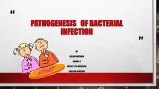 “
”
PATHOGENESIS OF BACTERIAL
INFECTION
BY
ASLAM MATANIA
GROUP-3
FACULTY OF MEDICINE
ENGLISH DIVISION
 