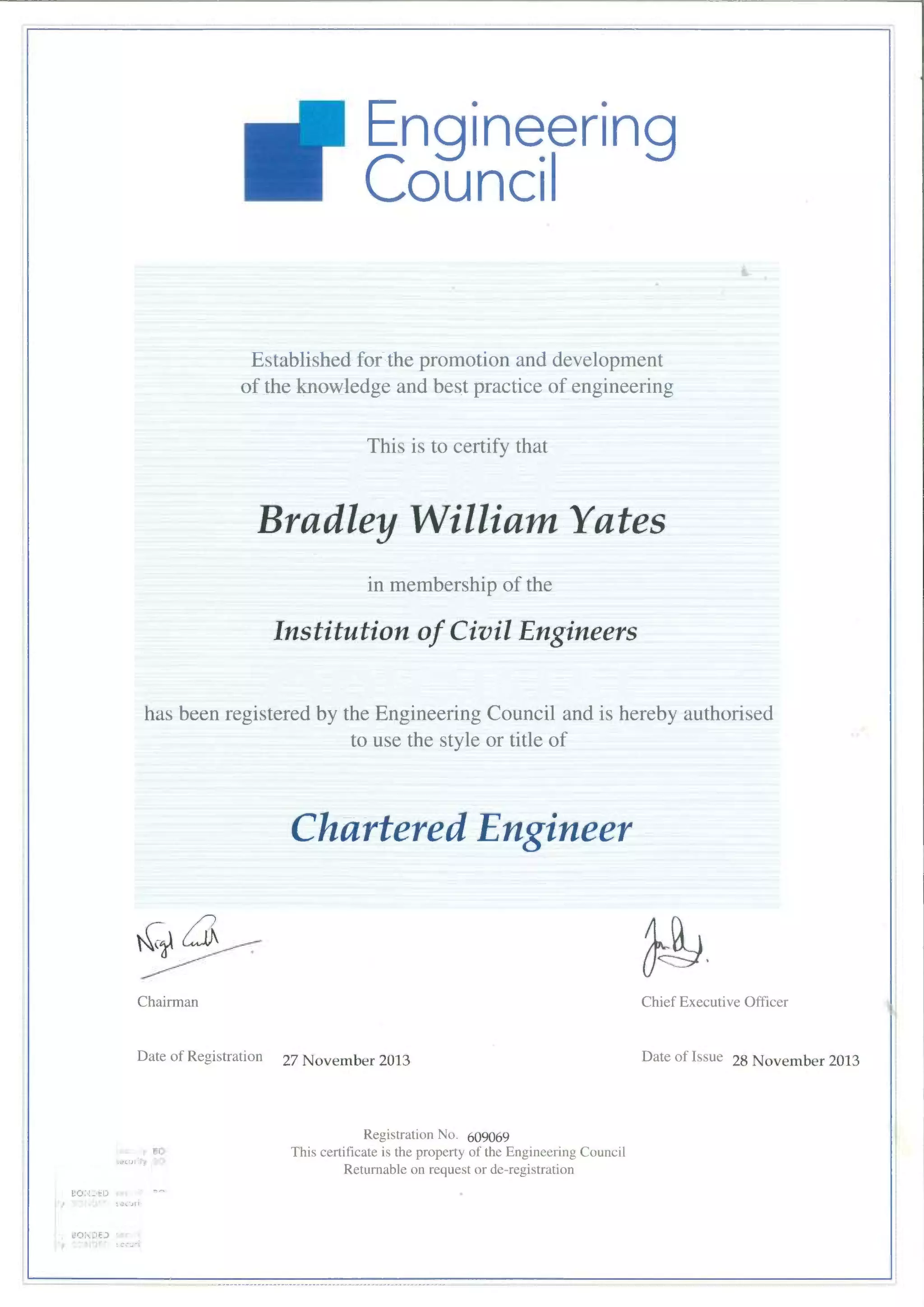 Engineering Council, Institution of Civil Engineers, Chartered Engineer Certificate PDF