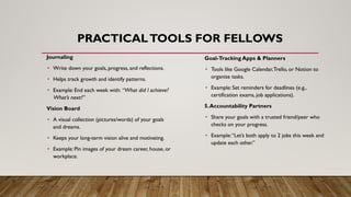 PRACTICALTOOLS FOR FELLOWS
Journaling
• Write down your goals, progress, and reflections.
• Helps track growth and identify patterns.
• Example: End each week with: “What did I achieve?
What’s next?”
Vision Board
• A visual collection (pictures/words) of your goals
and dreams.
• Keeps your long-term vision alive and motivating.
• Example: Pin images of your dream career, house, or
workplace.
Goal-Tracking Apps & Planners
• Tools like Google Calendar,Trello, or Notion to
organize tasks.
• Example: Set reminders for deadlines (e.g.,
certification exams, job applications).
5.Accountability Partners
• Share your goals with a trusted friend/peer who
checks on your progress.
• Example:“Let’s both apply to 2 jobs this week and
update each other.”
 