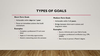 TYPES OF GOALS
Short-Term Goals
• Achievable within days to 1 year.
• Focus on immediate actions that build
momentum.
Examples:
• Complete a professional CV and cover
letter.
• Apply to 5 internship opportunities.
• Attend a networking event this semester.
Medium-Term Goals
• Achievable within 1–3 years.
• Bridge between short-term actions and
long-term vision.
Examples:
• Secure a full-time job in your field of study.
• Complete a professional certification (e.g., CPA,
SHRM).
• Save money to pursue a Master’s degree.
 