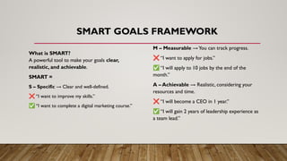 SMART GOALS FRAMEWORK
What is SMART?
A powerful tool to make your goals clear,
realistic, and achievable.
SMART =
S – Specific → Clear and well-defined.
❌ “I want to improve my skills.”
✅ “I want to complete a digital marketing course.”
M – Measurable →You can track progress.
❌ “I want to apply for jobs.”
✅ “I will apply to 10 jobs by the end of the
month.”
A – Achievable → Realistic, considering your
resources and time.
❌ “I will become a CEO in 1 year.”
✅ “I will gain 2 years of leadership experience as
a team lead.”
 
