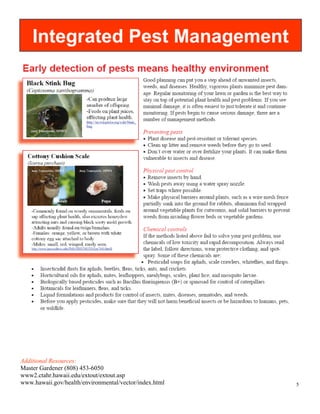 Integrated Pest Management




Additional Resources:
Master Gardener (808) 453-6050
www2.ctahr.hawaii.edu/extout/extout.asp
www.hawaii.gov/health/environmental/vector/index.html   5
 
