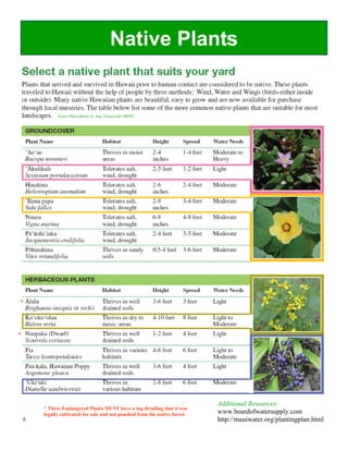 Native Plants


              Native Plant photos by Amy Tsuneyoshi, HBWS.




*




*




                                                                              Additional Resources:
        * These Endangered Plants MUST have a tag detailing that it was
        legally cultivated for sale and not poached from the native forest.   www.boardofwatersupply.com
    6                                                                         http://mauiwater.org/plantingplan.html
 