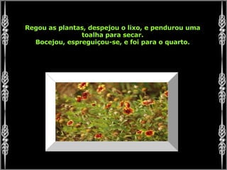 Regou as plantas, despejou o lixo, e pendurou uma toalha para secar. Bocejou, espreguiçou-se, e foi para o quarto. 