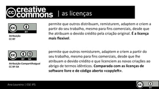 Ana Loureiro | ESE IPS
permite que outros distribuam, remisturem, adaptem e criem a
partir do seu trabalho, mesmo para fins comerciais, desde que
lhe atribuam o devido crédito pela criação original. É a licença
mais flexível.
permite que outros remisturem, adaptem e criem a partir do
seu trabalho, mesmo para fins comerciais, desde que lhe
atribuam o devido crédito e que licenciem as novas criações ao
abrigo de termos idênticos. Comparada com as licenças de
software livre e de código aberto «copyleft».
Atribuição
CC BY
Atribuição-CompartilhaIgual
CC BY-SA
Lice | as licenças
 