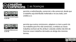 Ana Loureiro | ESE IPS
permite a redistribuição, comercial e não comercial, desde que
o trabalho seja distribuído inalterado e no seu todo, com
crédito a si.
permite que outros remisturem, adaptem e criem a partir do
seu trabalho para fins não comerciais, e embora os novos
trabalhos tenham de lhe atribuir o devido crédito não têm de
licenciar esses trabalhos derivados ao abrigo dos mesmos
termos.
Atribuição-SemDerivações
CC BY-ND
Atribuição-NãoComercial
CC BY-NC
Lice | as licenças
 