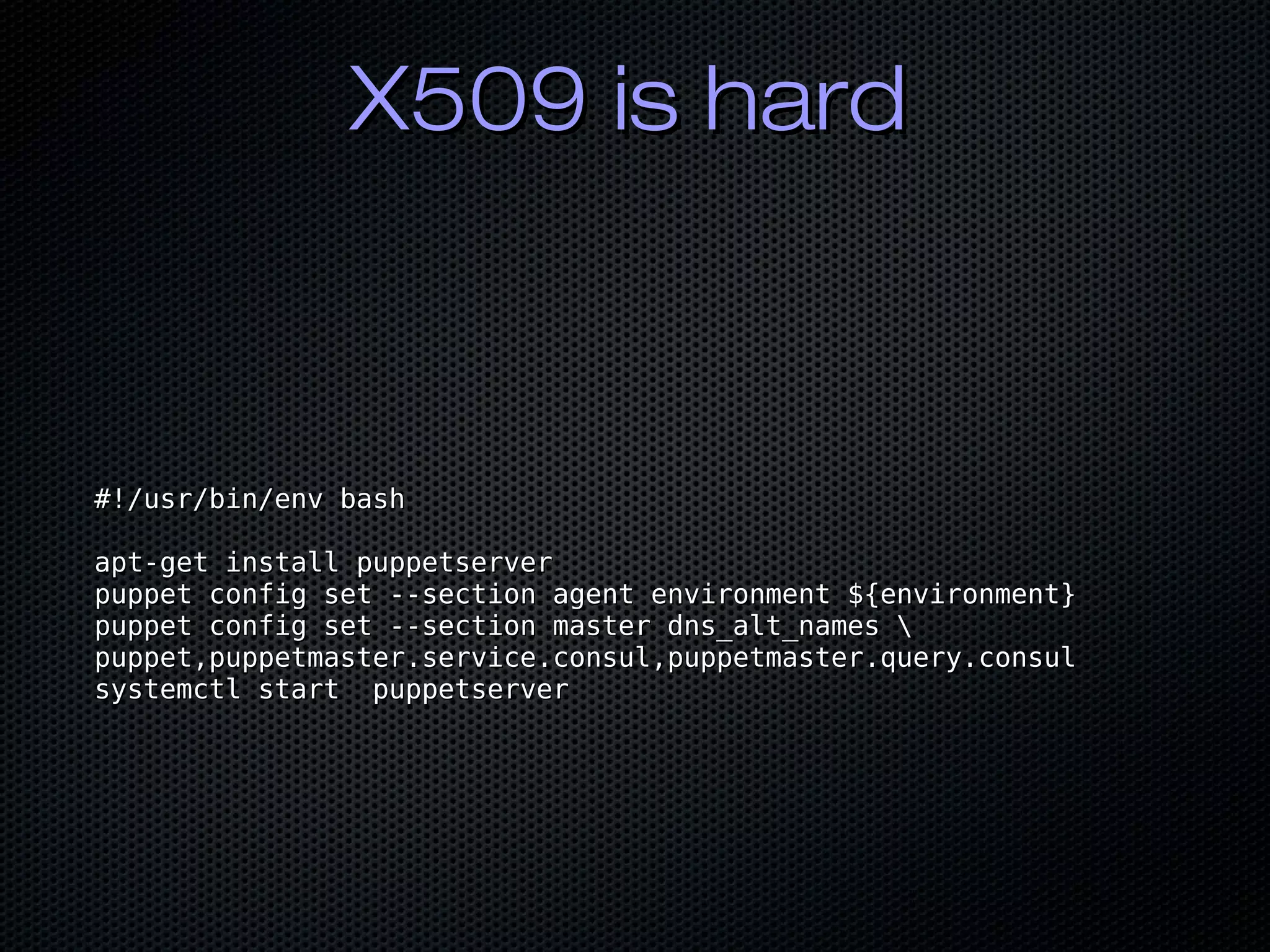 X509 is hardX509 is hard
#!/usr/bin/env bash#!/usr/bin/env bash
apt-get install puppetserverapt-get install puppetserver
puppet config set --section agent environment ${environment}puppet config set --section agent environment ${environment}
puppet config set --section master dns_alt_names puppet config set --section master dns_alt_names 
puppet,puppetmaster.service.consul,puppetmaster.query.consulpuppet,puppetmaster.service.consul,puppetmaster.query.consul
systemctl start puppetserversystemctl start puppetserver
 