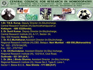 1.Dr. T.N.S. Kurup, Deputy Director (In-Situ)Incharge,
Central Research Institute (H),Sachivothamapuram,a
Kottayam - 686 532(Kerala).
2. Dr. Sunil Kumar, Deputy Director (In-Situ)Incharge,
Central Research Institute (H), A-1/1, Sector- 24,
Opp. ESI Hospital, Noida.(U.P.)
3. Dr. K.C.Murlidharan,Assistant Director (In-Situ)Incharge,
Regional Research Institute (H),CBD, Belapur, Navi Mumbai - 400 056.(Maharashtra)
Tel : 022 - 27579154(Off),
Fax : 022 - 27577501
4. Dr. CH.Ravindaran, Assistant Director (In-Situ) Incharge,
Regional Research Institute (H), 13/210-A, Club Road,
Gudivada - 521 301.(A.P.)
5. Dr. (Mrs. ) Bindu Sharma, Assistant Director (In-Situ) Incharge,
Regional Research Institute (H), House No.2, Type-D, Lane-1,
Sector-1, Below B.C.S., New Shimla - 171 009.(H.P.)
 