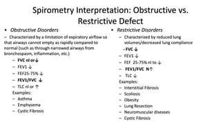 Spirometry Interpretation: Obstructive vs.
Restrictive Defect
• Obstructive Disorders
– Characterized by a limitation of expiratory airflow so
that airways cannot empty as rapidly compared to
normal (such as through narrowed airways from
bronchospasm, inflammation, etc.)
– FVC nl or↓
– FEV1 ↓
– FEF25-75% ↓
– FEV1/FVC ↓
– TLC nl or ↑
Examples:
– Asthma
– Emphysema
– Cystic Fibrosis
• Restrictive Disorders
– Characterized by reduced lung
volumes/decreased lung compliance
- FVC ↓
– FEV1 ↓
– FEF 25-75% nl to ↓
– FEV1/FVC N↑
– TLC ↓
Examples:
– Interstitial Fibrosis
– Scoliosis
– Obesity
– Lung Resection
– Neuromuscular diseases
– Cystic Fibrosis
 
