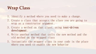 Characterization Tests 
1. Use a piece of code in a test harness 
2. Write an assertion that you know will fail - let the ...