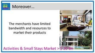 Moreover…
The merchants have limited
bandwidth and resources to
market their products
Activities & Small Stays Market > $ 20 Bn
 