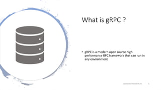 What is gRPC ?
• gRPC is a modern open source high
performance RPC framework that can run in
any environment
SWAMINATHANVE...