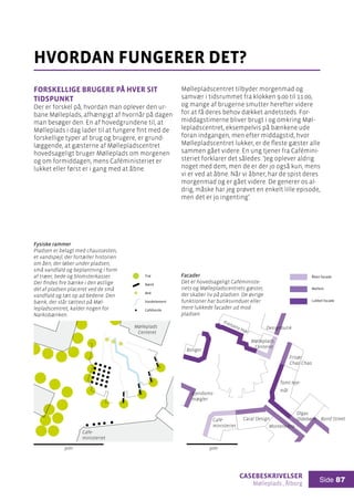 casebeskrivelser
Mølleplads , Ålborg
Side 87
Forskellige brugere på hver sit
tidspunkt
Der er forskel på, hvordan man oplever den ur-
bane Mølleplads, afhængigt af hvornår på dagen
man besøger den. En af hovedgrundene til, at
Mølleplads i dag lader til at fungere fint med de
forskellige typer af brug og brugere, er grund-
læggende, at gæsterne af Møllepladscentret
hovedsageligt bruger Mølleplads om morgenen
og om formiddagen, mens Caféministeriet er
lukket eller først er i gang med at åbne.
hvordan fungerer det?
Fysiske rammer
Pladsen er belagt med chaussesten,
et vandspejl, der fortæller historien
om åen, der løber under pladsen,
små vandfald og beplantning i form
af træer, bede og blomsterkasser.
Der findes fire bænke i den østlige
del af pladsen placeret ved de små
vandfald og tæt op ad bedene. Den
bænk, der står tættest på Møl-
lepladscentret, kalder nogen for
Narkobænken.

Mølleplads
Centeret
Cafe-
ministeriet
Møllepladscentret tilbyder morgenmad og
samvær i tidsrummet fra klokken 9.00 til 11.00,
og mange af brugerne smutter herefter videre
for at få deres behov dækket andetsteds. For-
middagstimerne bliver brugt i og omkring Møl-
lepladscentret, eksempelvis på bænkene ude
foran indgangen, men efter middagstid, hvor
Møllepladscentret lukker, er de fleste gæster alle
sammen gået videre. En ung tjener fra Cafémini-
steriet forklarer det således: ’Jeg oplever aldrig
noget med dem, men de er der jo også kun, mens
vi er ved at åbne. Når vi åbner, har de spist deres
morgenmad og er gået videre. De generer os al-
drig, måske har jeg prøvet en enkelt lille episode,
men det er jo ingenting’.
Facader
Det er hovedsageligt Caféministe-
riets og Møllepladscentrets gæster,
der skaber liv på pladsen. De øvrige
funktioner har butiksvinduer eller
mere lukkede facader ud mod
pladsen.

Frelsens Hær
Café-
ministeriet
Boliger
Ejendoms-
mægler
Tomt leje-
mål
Frisør
Chao Chao
Carat Design
Mølleplads
Centeret
Mortens Kro
Olgas
Oldebørn Bond Street
Designbutik
Gyde
Interaktion mellem
ude og inde:
Åben facade
Mellem
Lukket facade
Fysiske rammer:
Træ
Bænk
Bed
Vandelement
Caféborde
30m 30m
 