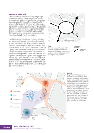Byen som dagligstue?				
Byfornyelse med plads til socialt udsatte
Side 88

Valgmuligheder
De to forskellige former for brug foregår lige-
ledes to forskellige steder på pladsen. Mølle-
pladscentrets gæster bruger hovedsageligt den
nordøstlige del af Mølleplads om morgenen,
mens Caféministeriet er lukket. Pladsen er stor,
og imellem cafeens udeservering og de udsattes
bænke er der en midterzone, der afskærer den
direkte kontakt mellem de to brugergrupper.
Denne zone er ret uberørt, da forbipasserende
hovedsageligt går rundt om pladsen.
Landskabsarkitekten Hanne Egebjerg fremhæ-
ver pladsens design og indretning, i forhold til
at man som bruger har flere forskellige valgmu-
ligheder, hvis man gerne vil bruge pladsen: ’Som
pladsen er nu, er der rigeligt med plads til alle og
rigeligt med bænke. Og den er god til at tilbyde
både intimitet og tryghed. Den forholder sig til
den menneskelige skala. Den har forskellige mu-
ligheder for at opholde sig i sol eller skygge. Den
veksler også godt mellem at være åben og intim
på den måde, at man kan krydse hen over, uden
at man er til beskuelse for dem på bænkene. De,
der er i transit hen over pladsen, kan faktisk gøre
det ret ubemærket’.
Flow
Cyklister og gående passerer for-
trinsvist langs pladsens kanter,
som ligger lidt højere end resten af
pladsen. Enkelte fodgængere kryd-
ser dog hen over pladsen.
138
222
336
30m
204
432
Flow af gående
og cyklister:
Antal personer
på 1 time

Trappe
Værestedet
Café
Udeservering
Arkaden
Bænke
Gyde
Ophold
Brugerne af Møllepladscentret
befinder sig kun på en lille del af
pladsen, nemlig lige udenfor være-
stedet. Når de sidder udenfor er det
oftest på ’narkobænken’ lige foran
indgangen til værestedet, hvor der
er plads til en lille gruppe. Vest for
Møllepladscentret, på en trappe
foran en beboelsesejendom kan der
også sidde et par stykker sammen,
hvis de har brug for at trække sig
lidt væk. Arkaden er en gennem-
gangszone, hvor man kan søge ly
for regnvejr. Men her foregår der
også mere lyssky ting som indta-
gelse af stoffer og butikstyveri
Socialt udsatte
Andre
Forbipasserende
De udsattes zone
De andres zone
Ophold
 