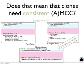 Does that mean that clones 
need consistent (A)MCC? 
PlowAction ChangeAction 
UnloadAction 
Unit selectedOne = null; 
Unit unit = Factory.getUnit(); 
Unit unit = super.getActiveUnit(); 
Future work 
same way? 
Friday 31 January 14 
 