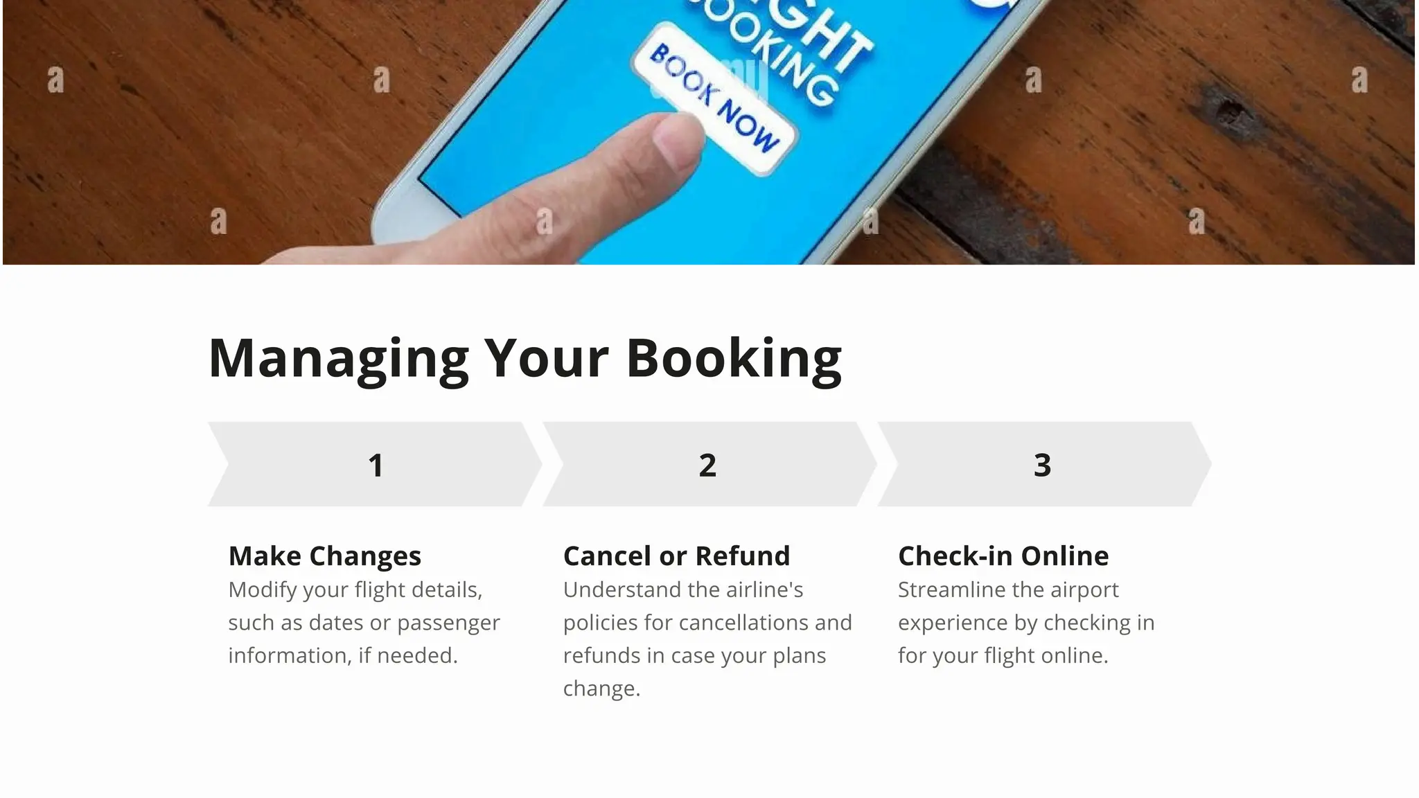Managing Your Booking
1 2 3
Make Changes
Modify your flight details,
such as dates or passenger
information, if needed.
Cancel or Refund
Understand the airline's
policies for cancellations and
refunds in case your plans
change.
Check-in Online
Streamline the airport
experience by checking in
for your flight online.
 