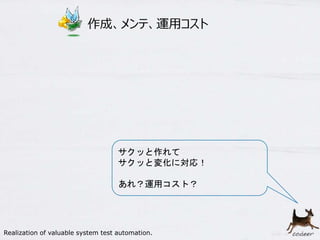 12
作成、メンテ、運用コスト
サクッと作れて
サクッと変化に対応！
あれ？運用コスト？
Realization of valuable system test automation.
 