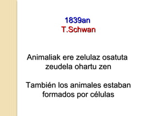 1839an1839an
T.SchwanT.Schwan
Animaliak ere zelulaz osatutaAnimaliak ere zelulaz osatuta
zeudela ohartu zenzeudela ohartu zen
También los animales estabanTambién los animales estaban
formados por célulasformados por células
 