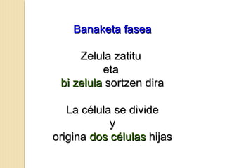 Banaketa faseaBanaketa fasea
Zelula zatituZelula zatitu
etaeta
bi zelulabi zelula sortzen dirasortzen dira
La célula se divideLa célula se divide
yy
originaorigina dos célulasdos células hijashijas
 