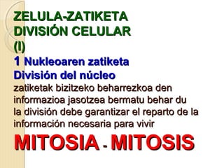 ZELULA-ZATIKETAZELULA-ZATIKETA
DIVISIÓN CELULARDIVISIÓN CELULAR
(I)(I)
11 Nukleoaren zatiketaNukleoaren zatiketa
División del núcleoDivisión del núcleo
zatiketak bizitzeko beharrezkoa denzatiketak bizitzeko beharrezkoa den
informazioa jasotzea bermatu behar duinformazioa jasotzea bermatu behar du
la división debe garantizar el reparto de lala división debe garantizar el reparto de la
información necesaria para vivirinformación necesaria para vivir
MITOSIAMITOSIA -- MITOSISMITOSIS
 