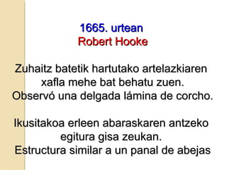 1665. urtean1665. urtean
Robert HookeRobert Hooke
Zuhaitz batetik hartutako artelazkiarenZuhaitz batetik hartutako artelazkiaren
xafla mehe bat behatu zuen.xafla mehe bat behatu zuen.
Observó una delgada lámina de corcho.Observó una delgada lámina de corcho.
Ikusitakoa erleen abaraskaren antzekoIkusitakoa erleen abaraskaren antzeko
egitura gisa zeukan.egitura gisa zeukan.
Estructura similar a un panal de abejasEstructura similar a un panal de abejas
 