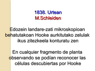 1838. Urtean1838. Urtean
M.SchleidenM.Schleiden
Edozein landare-zati mikroskopioanEdozein landare-zati mikroskopioan
behatutakoan Hooke aurkitutako zelulakbehatutakoan Hooke aurkitutako zelulak
ikus zitezkeela konturatu zenikus zitezkeela konturatu zen
En cualquier fragmento de plantaEn cualquier fragmento de planta
observando se podían reconocer lasobservando se podían reconocer las
células descubiertas por Hookecélulas descubiertas por Hooke
 