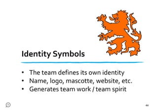 Identity Symbols
• The team defines its own identity
• Name, logo, mascotte, website, etc.
• Generates team work / team spirit
44
 