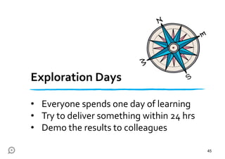 Exploration Days
• Everyone spends one day of learning
• Try to deliver something within 24 hrs
• Demo the results to colleagues
45
 